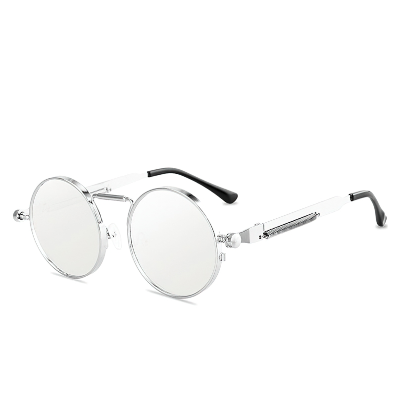 Unisex retro round metal frame sunglasses in silver, stylish vintage accessory perfect for casual outfits.