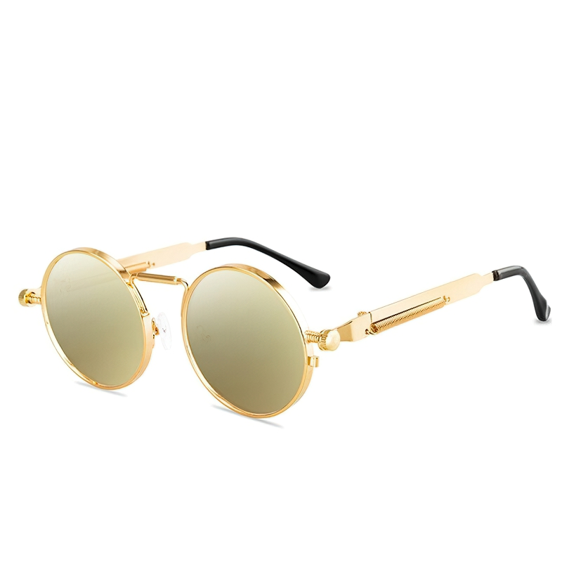 Unisex vintage round metal frame sunglasses in gold with green lenses, perfect retro style accessory for any outfit.