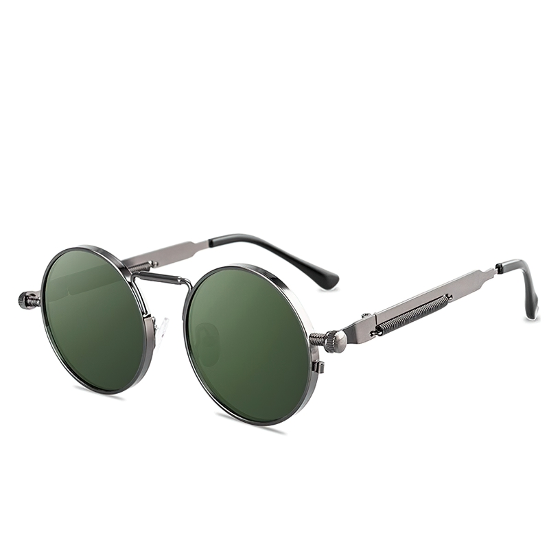 Unisex vintage round sunglasses with green lenses and retro metal frame for a stylish casual look.