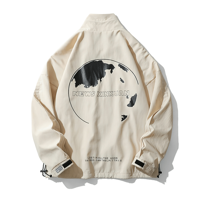 Unisex oversized windbreaker jacket in beige with trendy print on the back, perfect for casual outings.