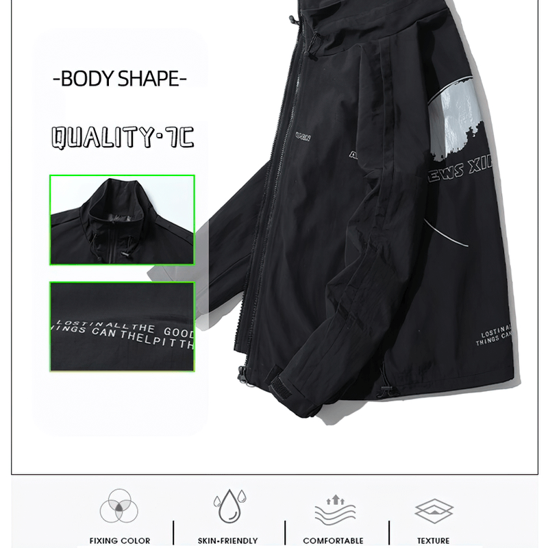 Black unisex zipper windbreaker jacket showcasing stylish print and oversized casual fit, designed for comfort and versatility.
