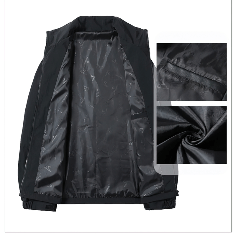 Inside view of unisex oversized windbreaker jacket, featuring smooth black lining and quality stitching for comfort.