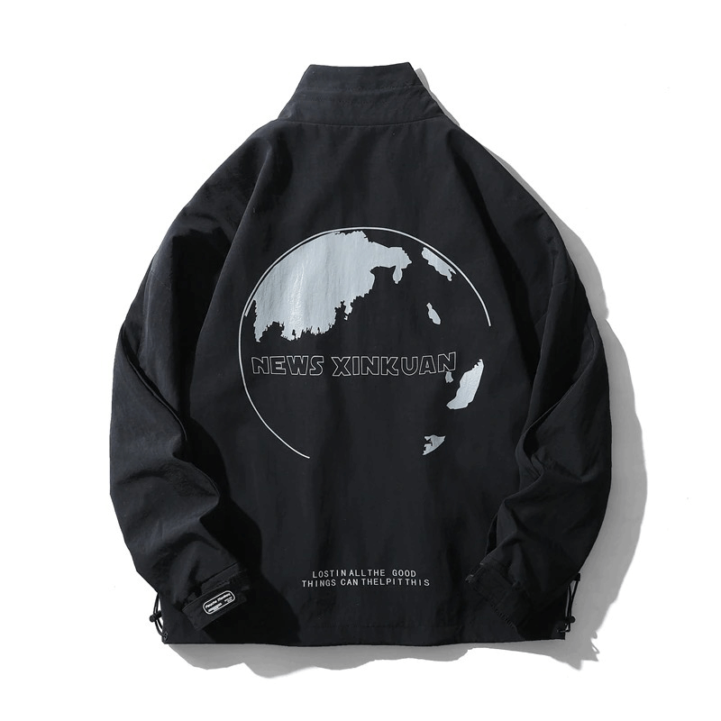 Unisex oversized windbreaker jacket in black featuring a graphic print on the back for a casual stylish look.