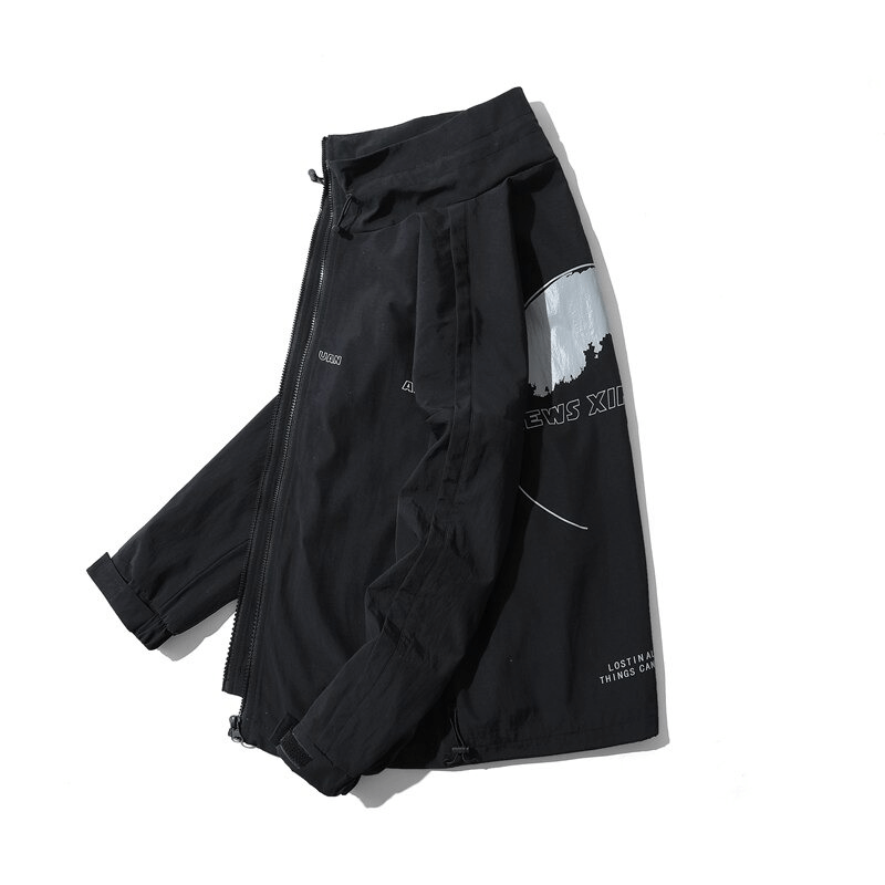 Unisex oversized windbreaker jacket in black with unique fashion print, perfect for casual outings.