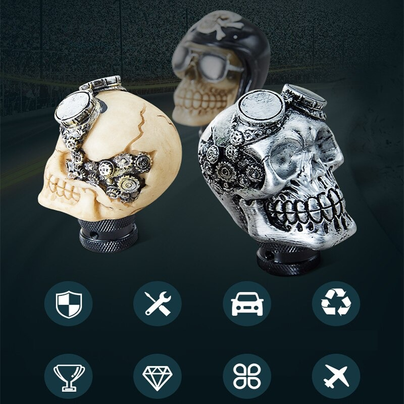 Gothic skull gearshift knob in three styles with gears, perfect for car enthusiasts and unique gift ideas.