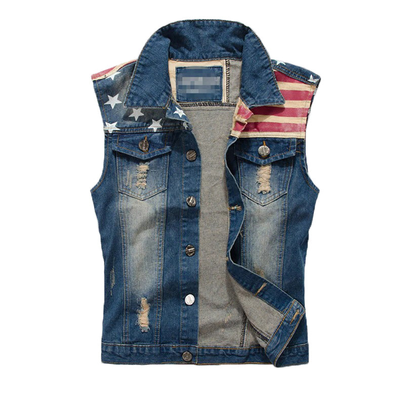 USA Design Men's Vest Jacket / Denim Vest American Flag / Blue Sleeveless Jeans Jackets - HARD'N'HEAVY
