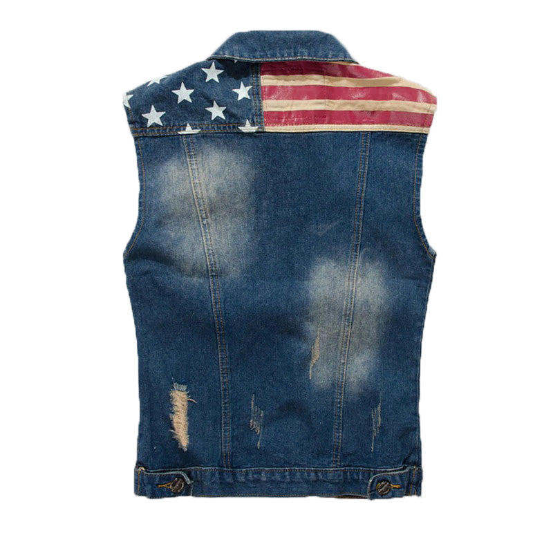 USA Design Men's Vest Jacket / Denim Vest American Flag / Blue Sleeveless Jeans Jackets - HARD'N'HEAVY