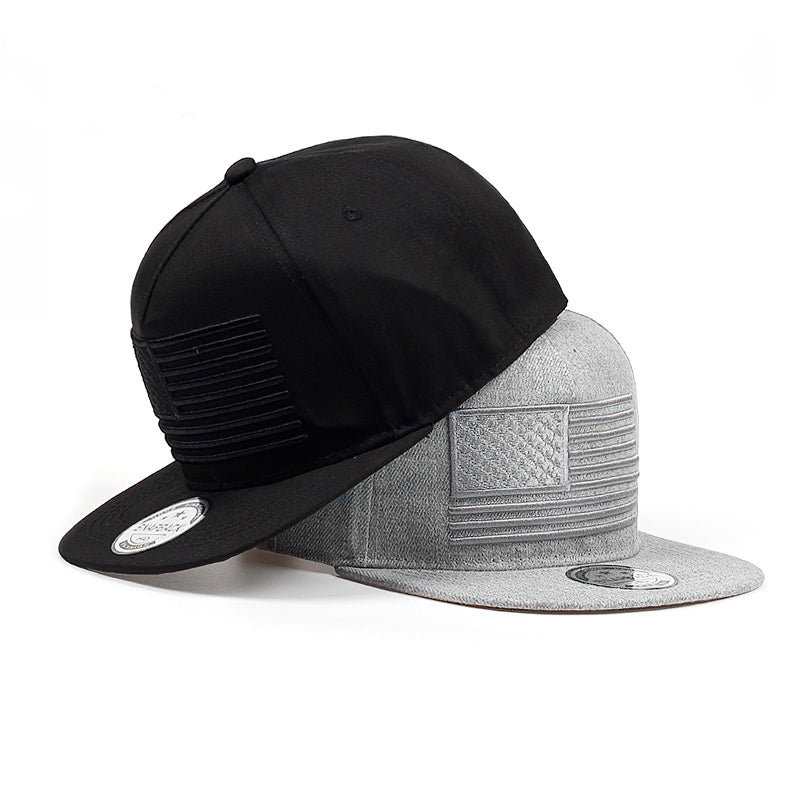 Stylish USA Flag Embroidery Baseball Cap in black and grey with adjustable strap for casual wear.