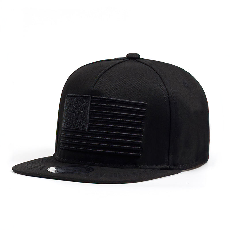 USA flag embroidered black baseball cap, stylish unisex snapback accessory for casual wear.