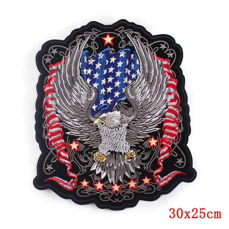 Large eagle patch with USA flag, vibrant biker accessory for jackets and bags.