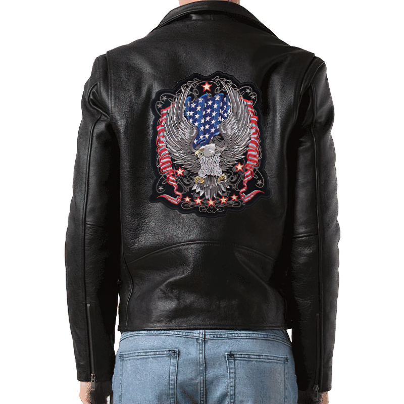 USA flag and eagle iron-on patch on a stylish black biker jacket, perfect for bikers and fashion enthusiasts.