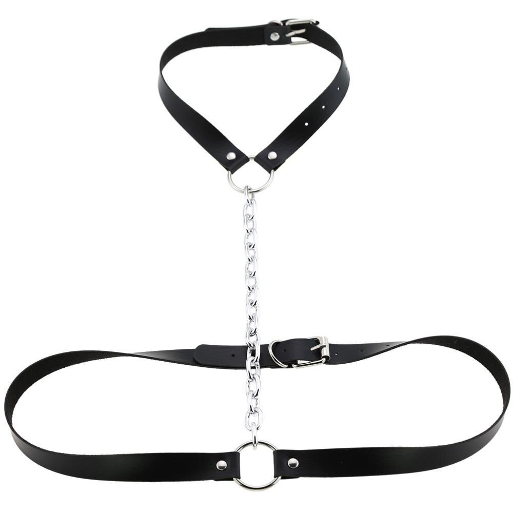 Vegan leather body harness with chain, perfect for adding spice to your erotic style and showcasing your fabulous look.