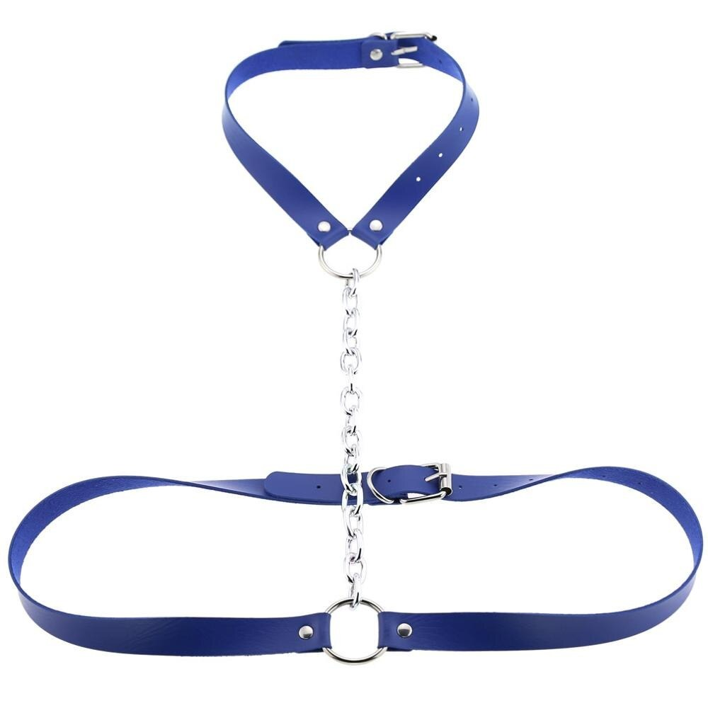 Vegan leather body harness in blue with chain, perfect for adding spice to your erotic style and wardrobe.