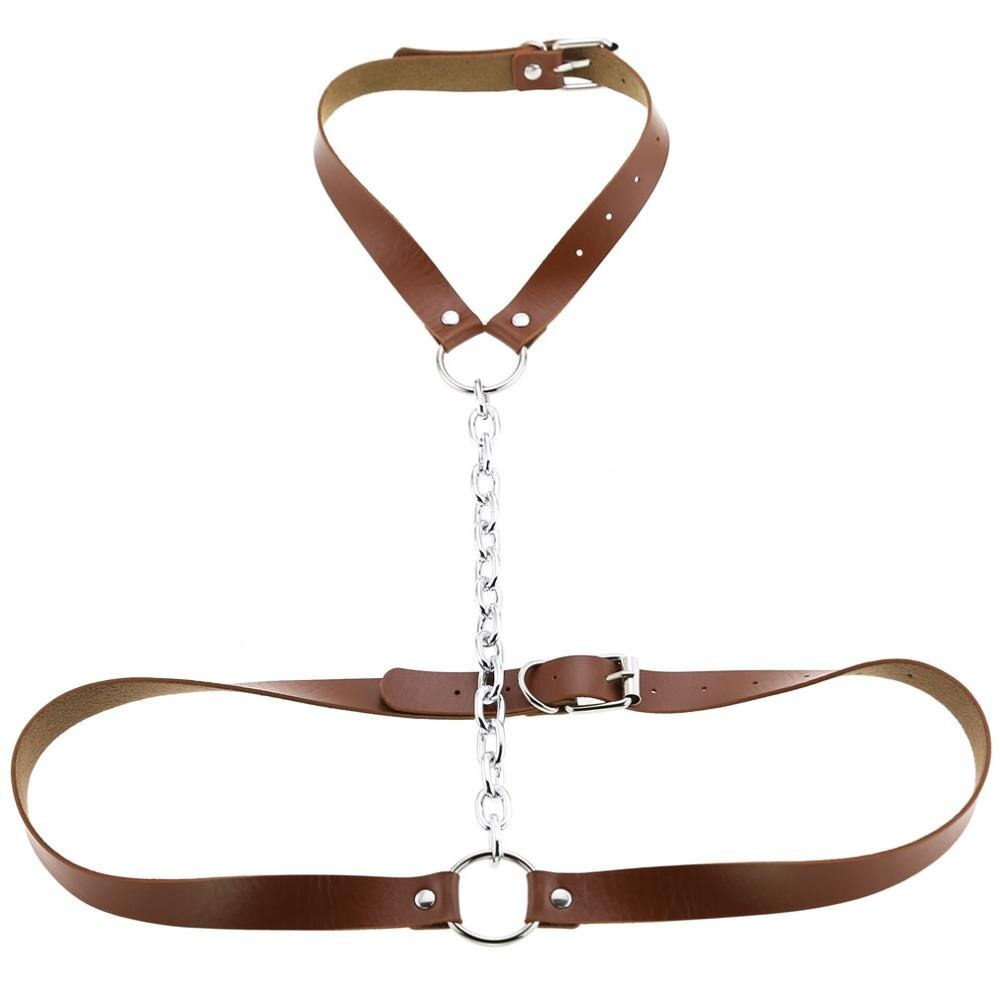 Vegan leather body harness with chain, perfect for adding spice to your style and enhancing your look.