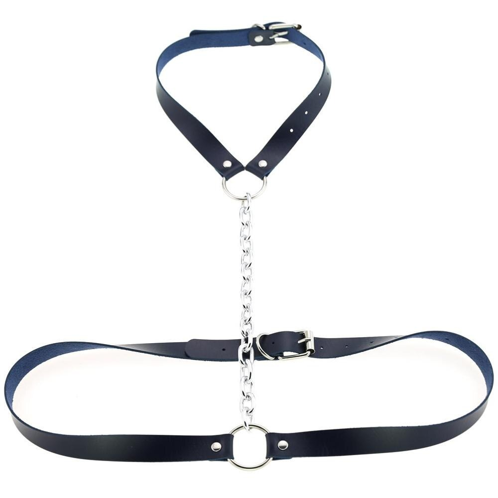 Vegan leather body harness with chain, perfect for bondage and erotic styles, enhancing any outfit.