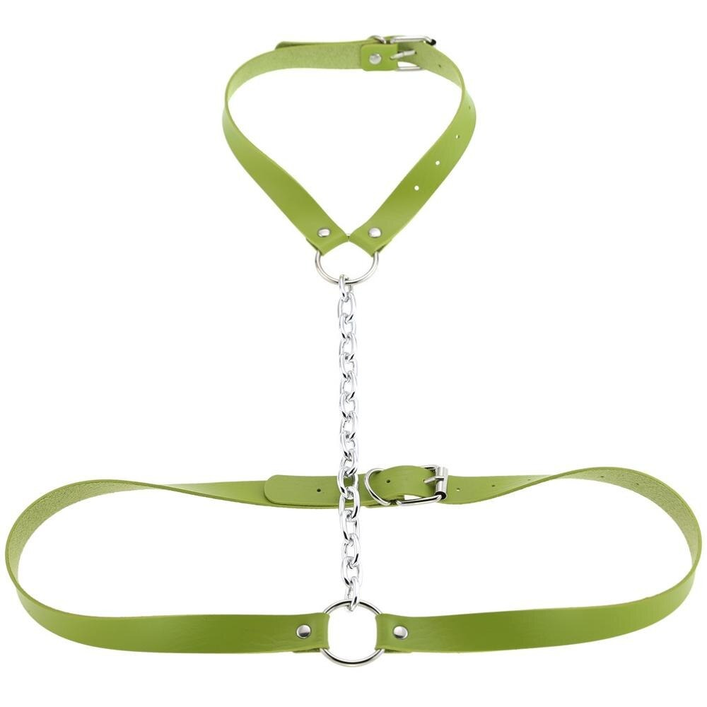 Vegan leather body harness in vibrant green with chain detail for a bold, erotic look. Perfect for enhancing your style.