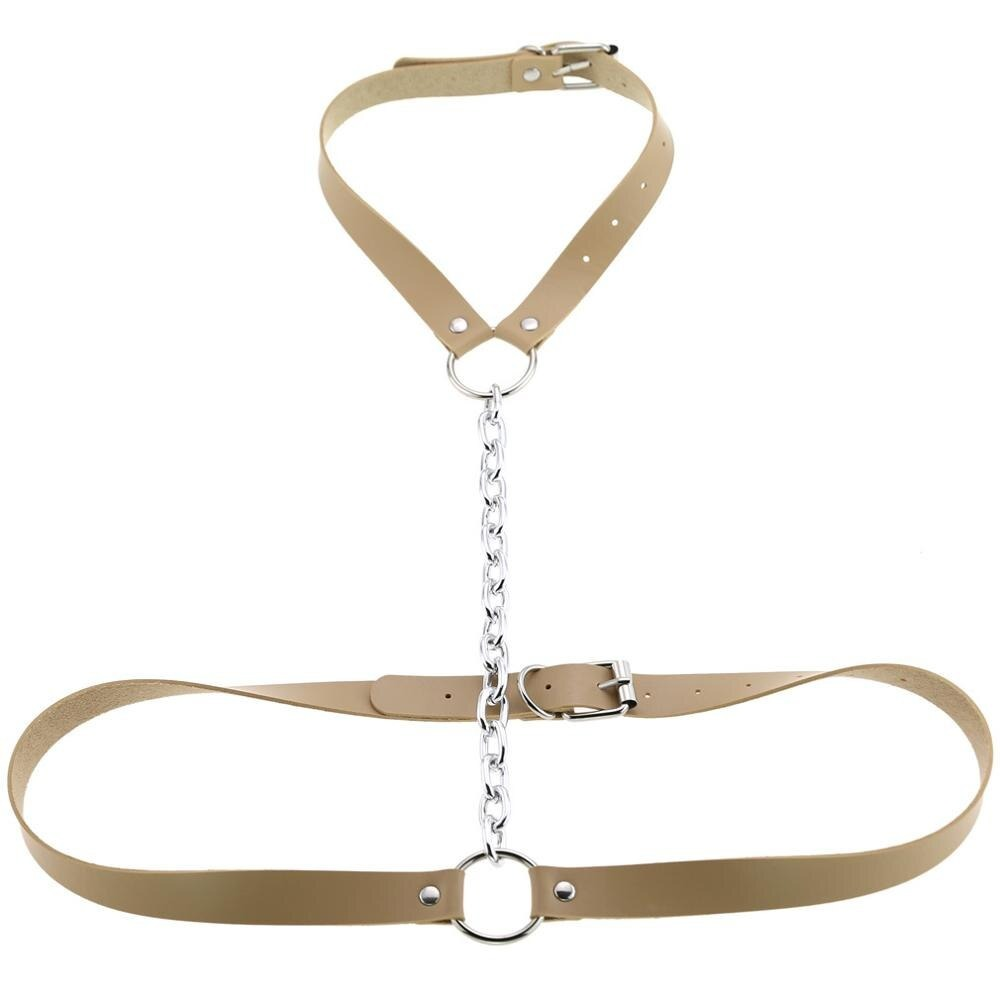 Vegan leather body harness with chain, stylish BDSM waist belt for an edgy erotic look.