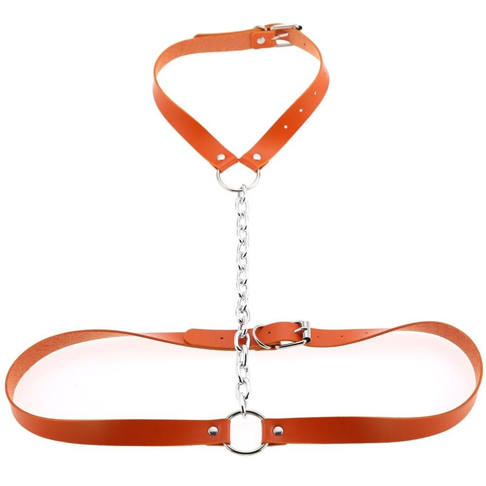 Vegan leather body harness with chain in orange, perfect for an edgy bondage style and enhancing your fabulous look.
