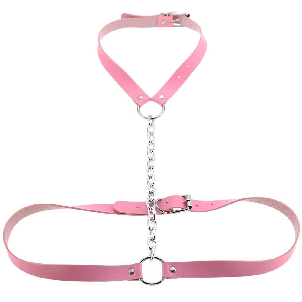 Vegan leather body harness in pink with chain, perfect for a bold and erotic style statement.