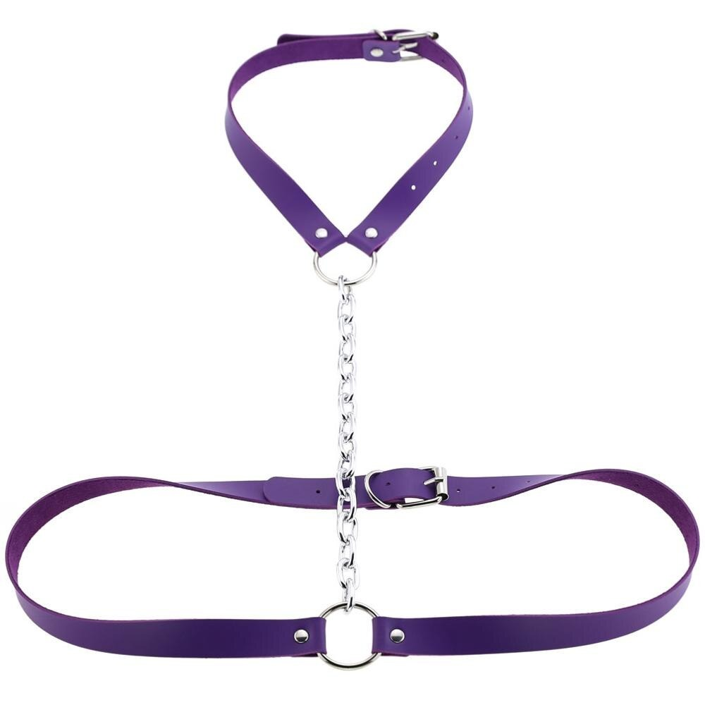 Vegan leather purple body harness with chain, perfect for an erotic style and enhancing your unique look.