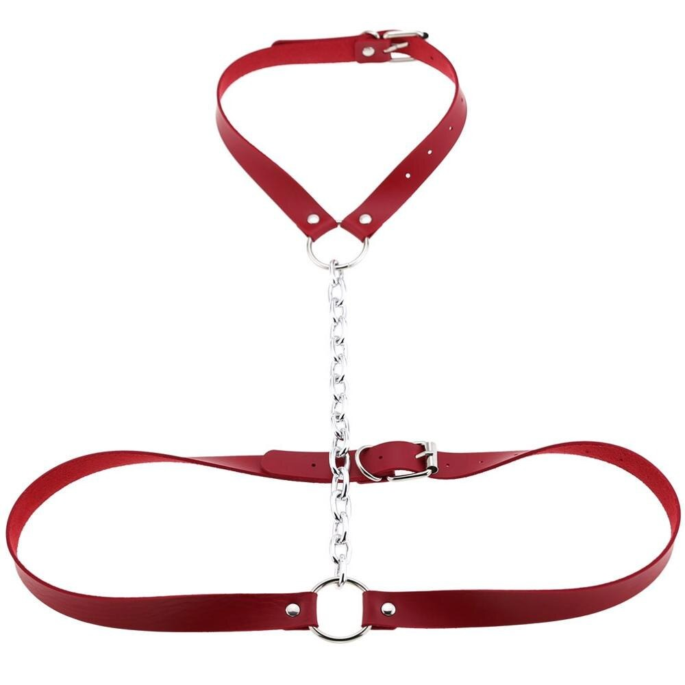 Red vegan leather body harness with chain for BDSM, adding spice to your erotic style.