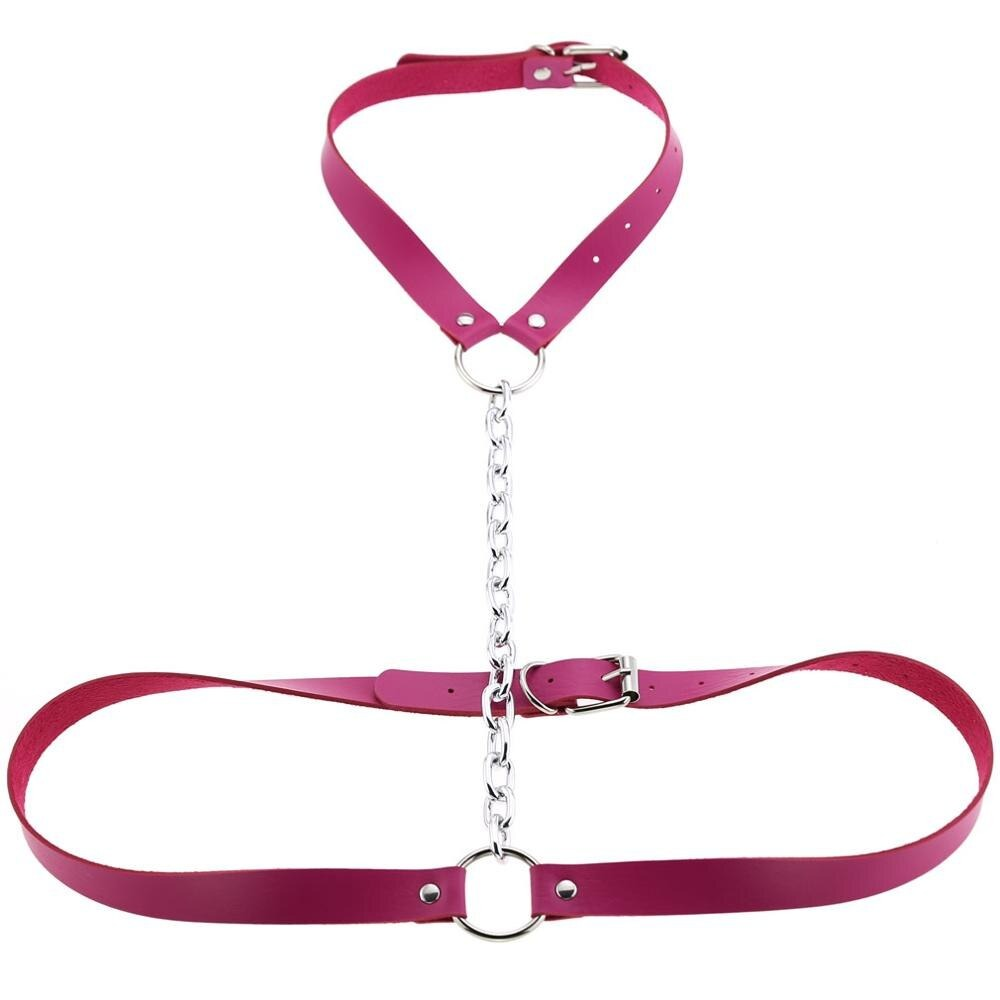 Vegan leather body harness in bold pink with chain accents, perfect for adding an erotic touch to your style.
