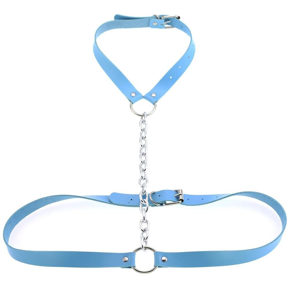 Vegan leather body harness in blue with chain for women's bondage and erotic style.