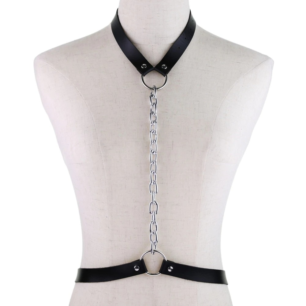 Vegan leather body harness with chain, stylish bondage accessory for enhancing personal style and sensual outfits.
