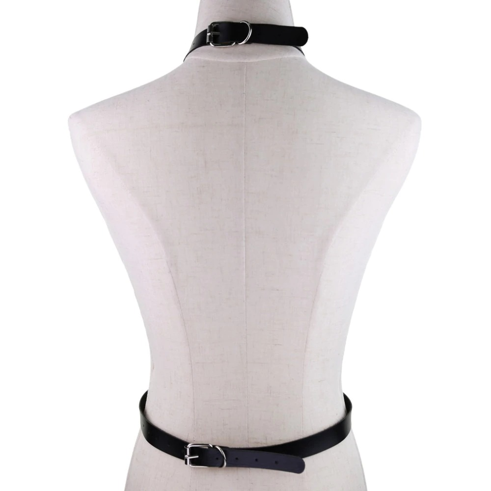 Back view of a vegan leather body harness with chain detail for women, perfect for bondage and erotic wear.