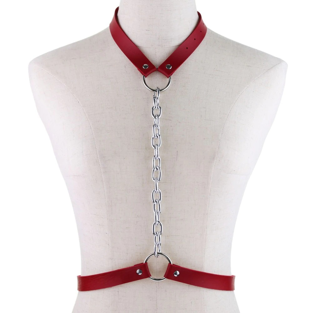 Vegan Leather Body Harness With Chain / Women's Bondage BDSM Necklace / Erotic Waist Belt - HARD'N'HEAVY