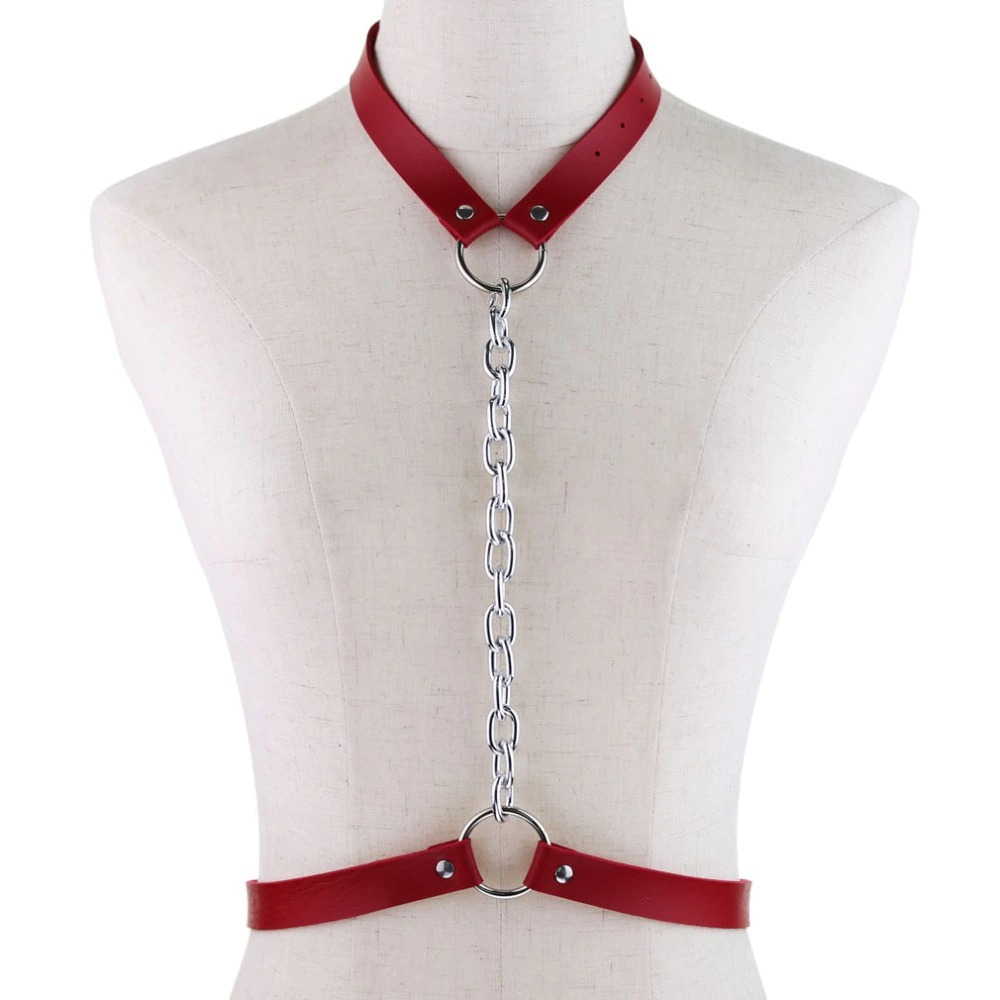 Vegan leather body harness with chain, stylish BDSM necklace, designed for an edgy and alluring look.