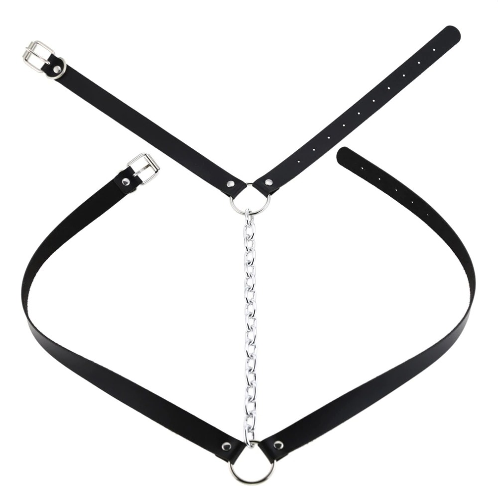 Vegan leather body harness with chain for women's bondage and erotic style, perfect for adding flair to any outfit.