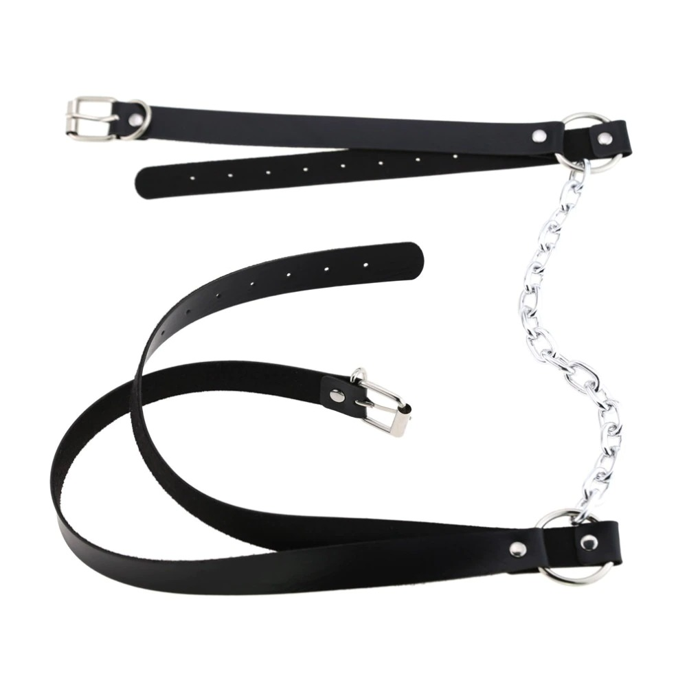Vegan leather body harness with silver chain detail, perfect for an edgy BDSM or erotic style.