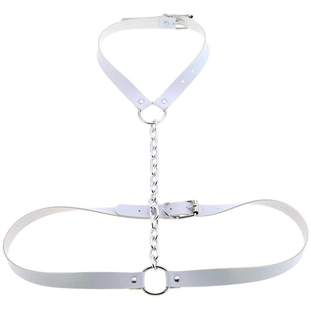 White vegan leather body harness with chain, perfect accessory for a bold sexy look.