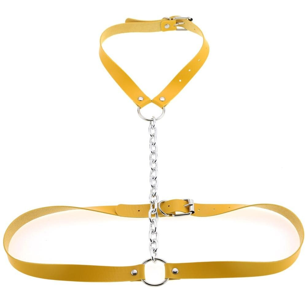 Vegan leather body harness in yellow with chain, perfect for adding spice to your lifestyle and confidence.