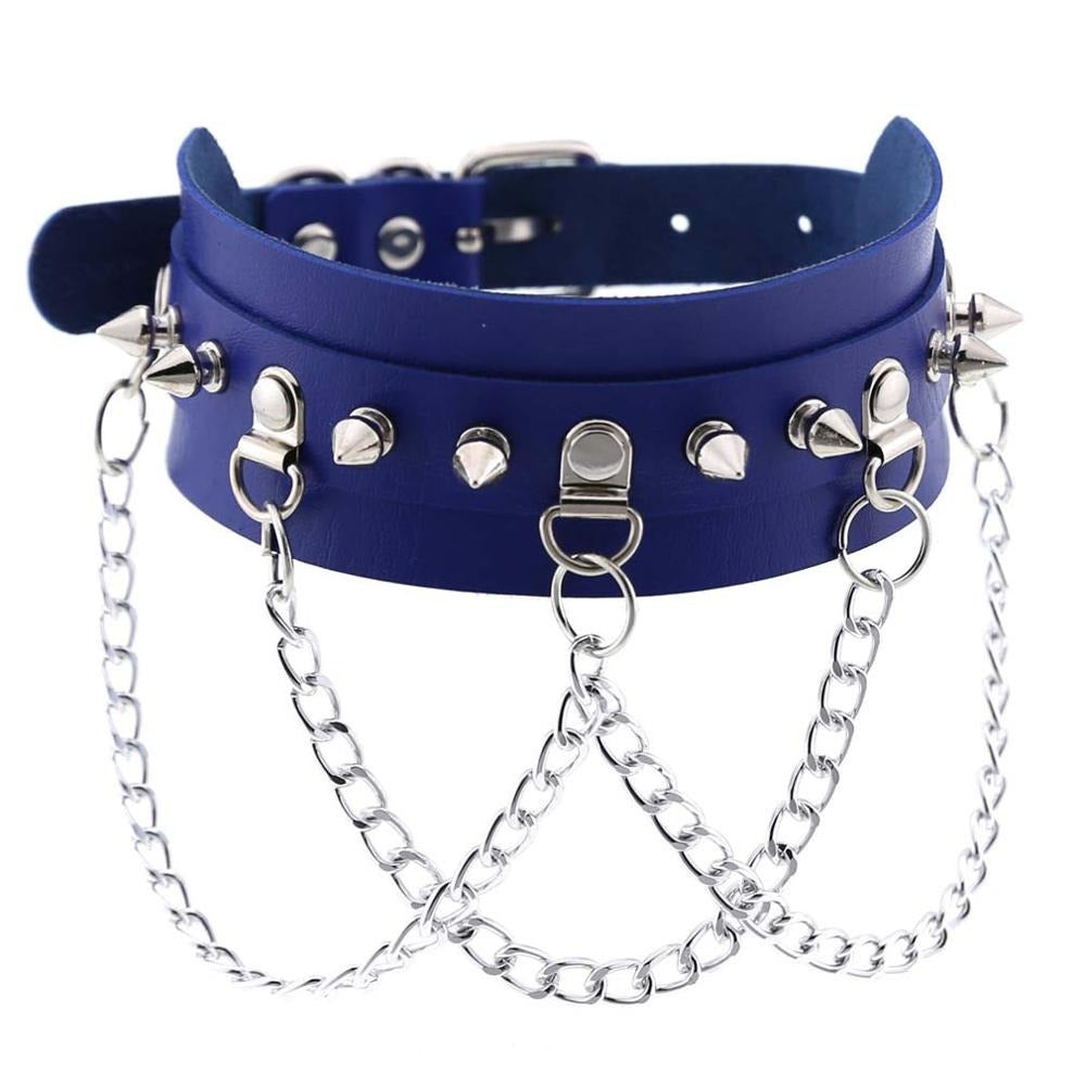 Vegan leather gothic choker in blue with zinc alloy spikes and silver chains for edgy festival fashion.