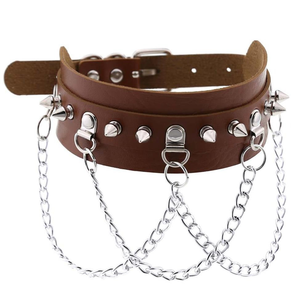 Vegan leather gothic choker with zinc alloy spikes and chains, perfect for rock festivals and edgy outfits.