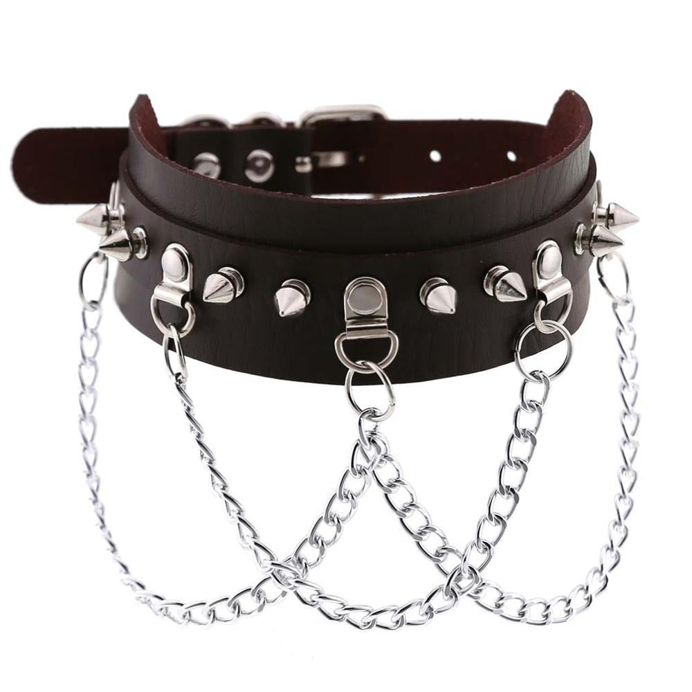 Vegan leather gothic choker with zinc alloy spikes and chains, perfect for edgy festival outfits.
