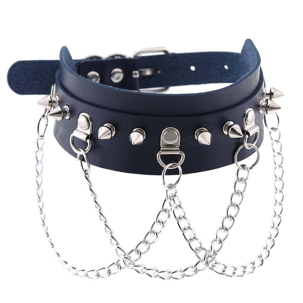 Navy vegan leather gothic choker with zinc alloy spikes and chain for edgy festival style.