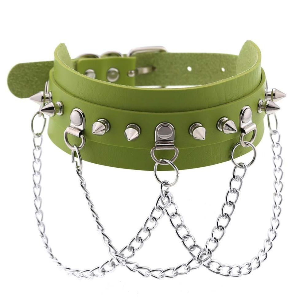 Vegan leather green gothic choker with zinc alloy spikes and silver chains for edgy festival jewelry.