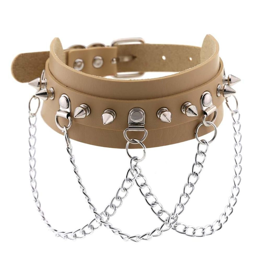 Vegan leather gothic choker with spikes and silver chain for edgy festival jewelry.