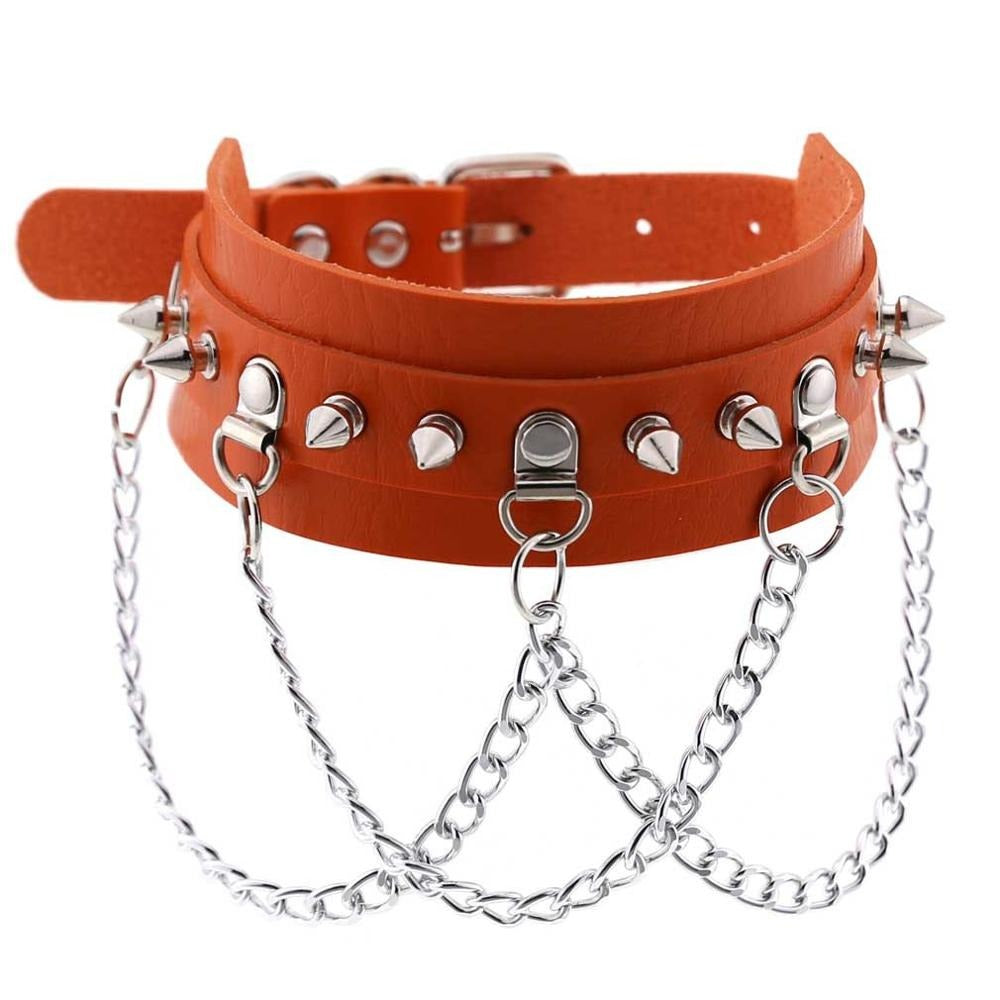 Vegan leather gothic choker with spikes and chains, perfect for festivals and edgy outfits.