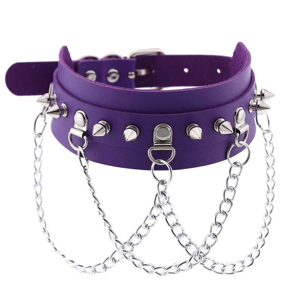 Vegan leather purple gothic choker with spikes and zinc alloy chains, perfect for festival jewelry and edgy outfits.