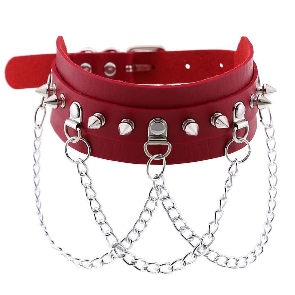 Red vegan leather Gothic choker with zinc alloy spikes and chains for edgy festival jewelry.