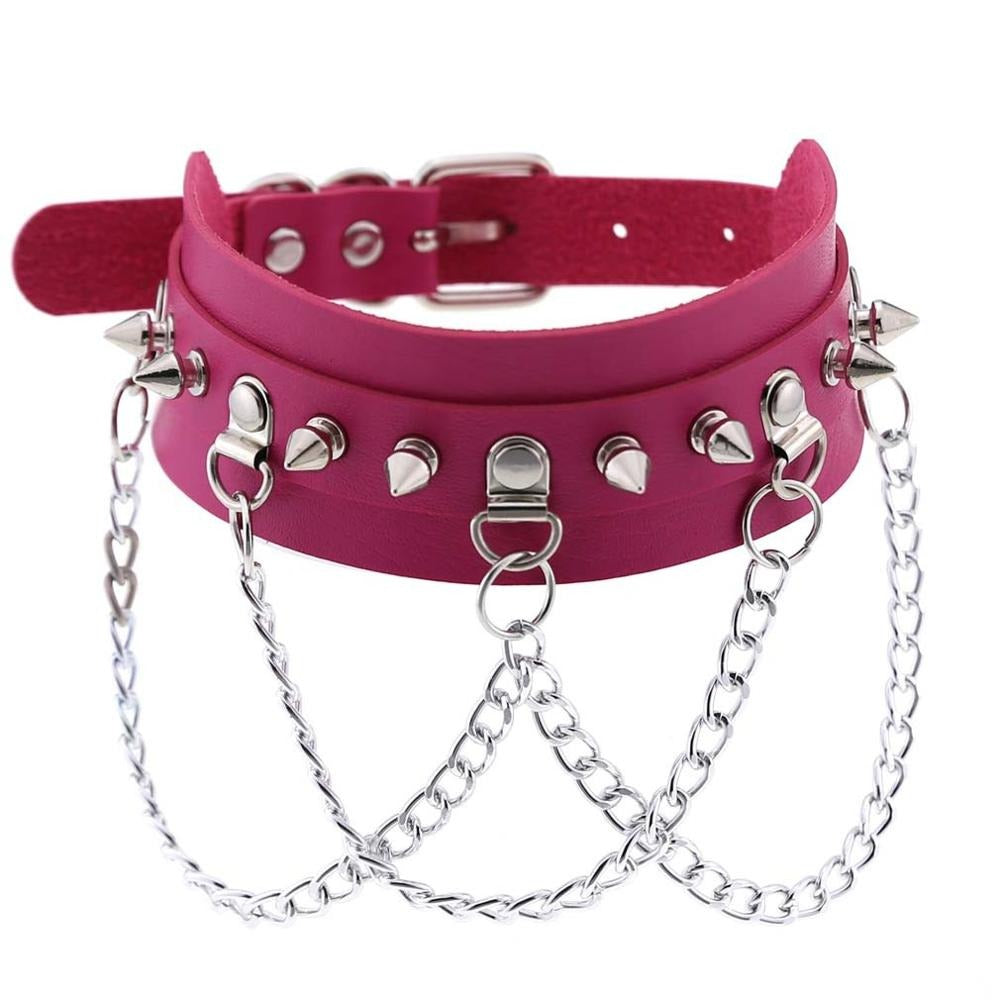 Vegan leather gothic choker in pink with zinc alloy spikes and chains, perfect for festivals and edgy outfits.
