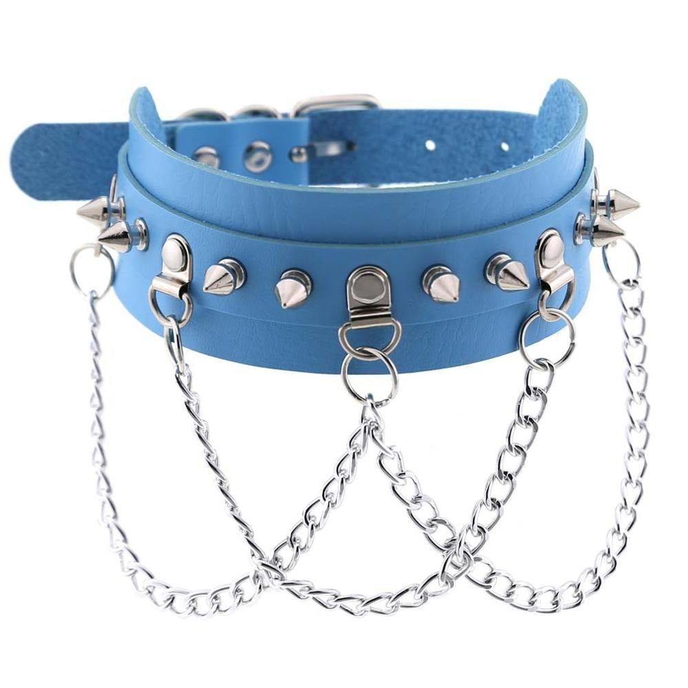 Vegan leather gothic choker in blue with spikes and chains for festival outfits and edgy style.
