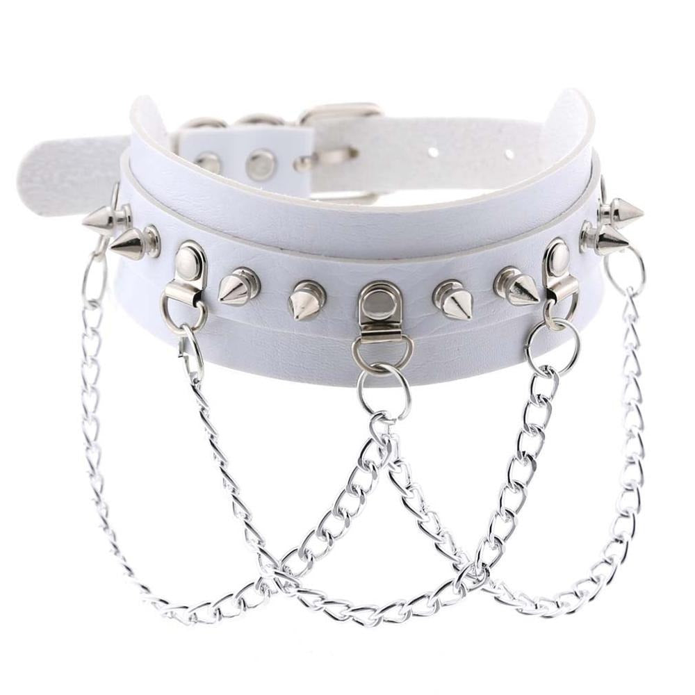 Vegan leather gothic choker with spikes and chains, perfect for rock festivals and edgy outfits.