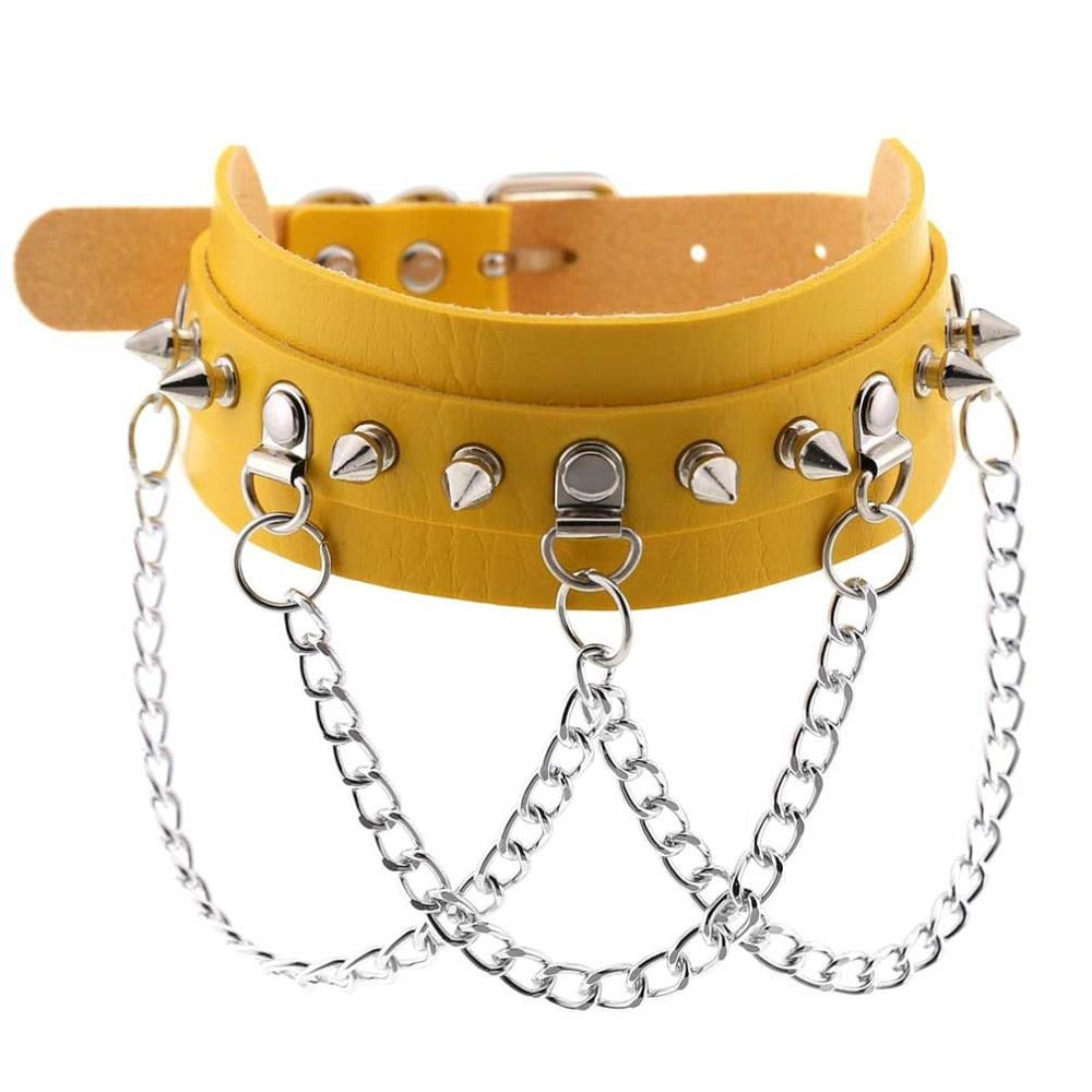 Vegan leather gothic choker in yellow with zinc alloy spikes and chains for a bold festival look.