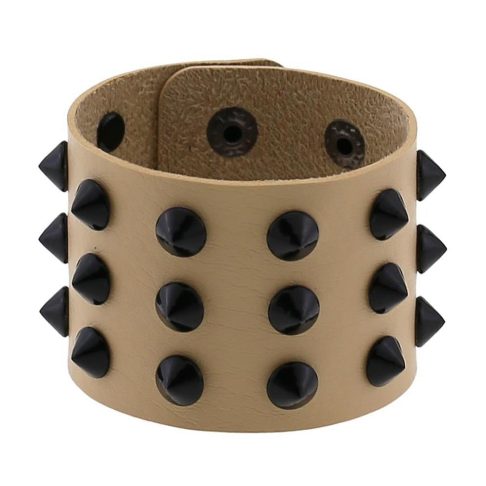 Vegan leather spike bracelet with black rivets, wide adjustable wristband for men and women.