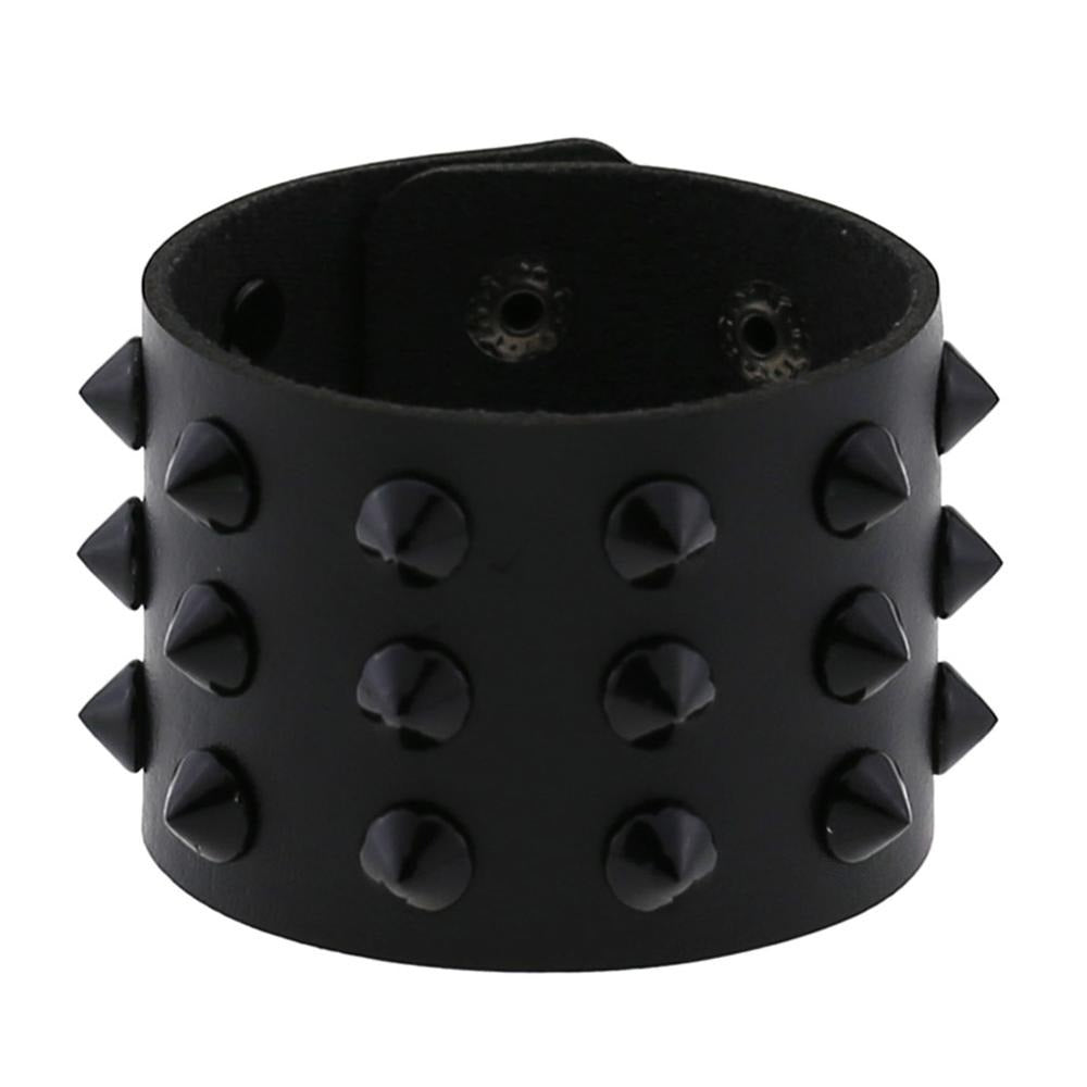 Vegan leather spike bracelet with rivets, wide adjustable wristband for men and women, bold black design.